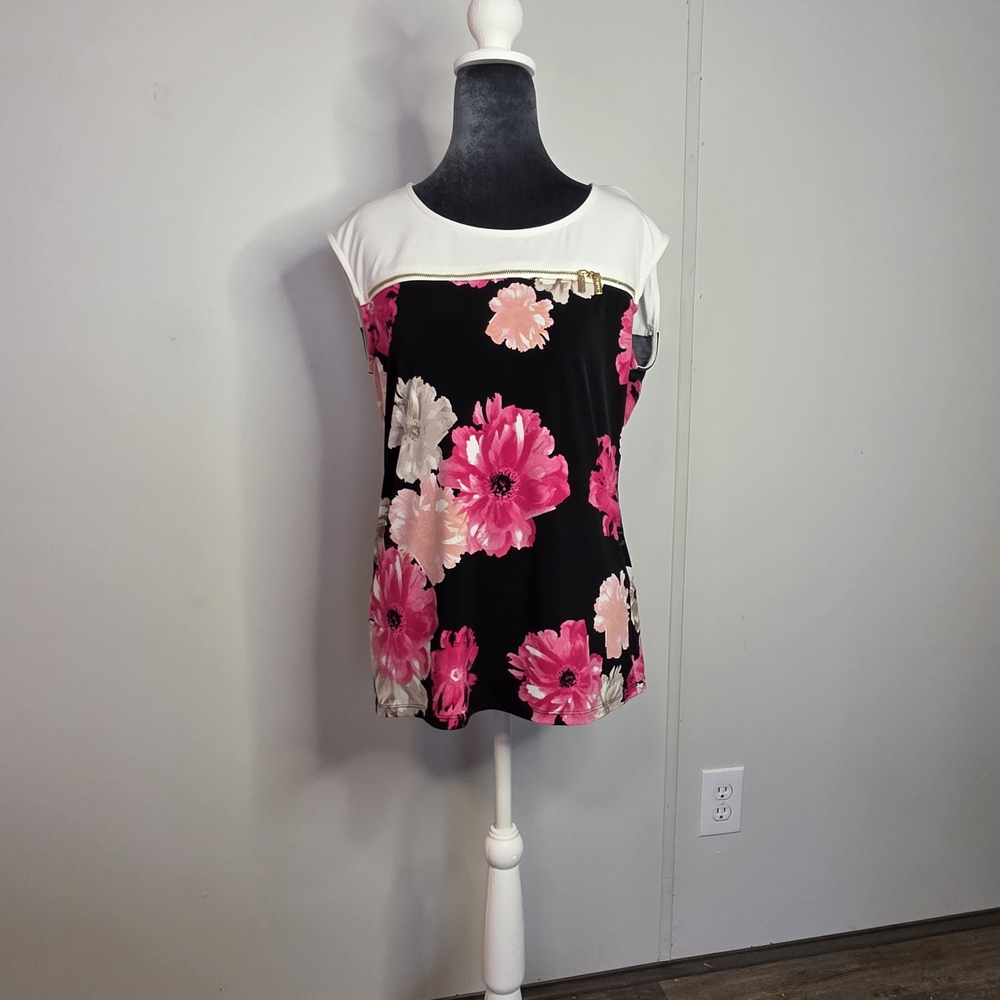 Calvin Klein Black Blouse with Pink Floral Print and White Yoke
